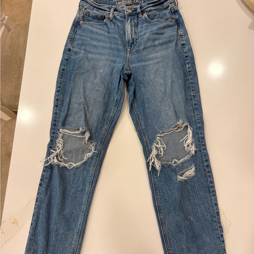 American Eagle Outfitters Ripped Blue Straight Leg Jeans
